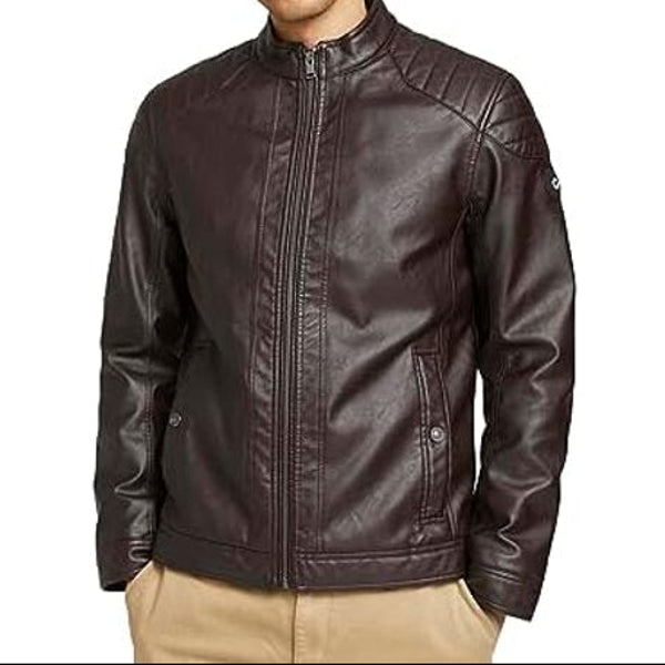 Men’s Quilted-Shoulder Faux-Leather Moto Jacket – Clean Stand-Neck Zip Layer with Structured Panel Detailing for Autumn Commuting Weekend Travel Smart Casual Evenings and Everyday City Wear