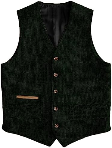 Men’s Vintage Herringbone Tweed Waistcoat – Classic V-Neck Buttoned Suit Vest with Functional Pockets for Weddings Business and Smart Casual Wear