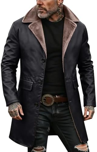 Men’s Long Faux-Leather Winter Coat – Vintage Button-Front Layer with Stand Collar for Business Travel Evening Events and Cold-Weather Everyday Wear