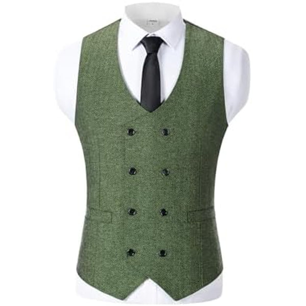 Men’s Double-Breasted Wool Tweed Waistcoat with V-Neck – Vintage Tailored Suit Vest for Weddings and Groomsmen