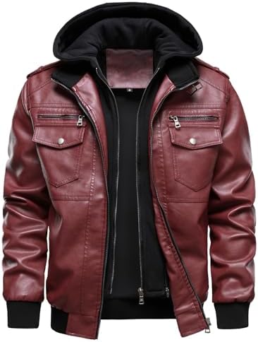 Men’s Hooded Faux-Leather Bomber Jacket – Multi-Pocket Zip-Up Motorcycle Layer with Ribbed Trims for Autumn Travel Weekend Streetwear Casual City Wear and Everyday Styling