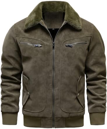 Men’s Fleece-Lined Faux-Leather Aviator Bomber Jacket – Vintage Fur-Collar Zip-Up Winter Layer with Ribbed Trims and Multi-Pocket Utility for Cold-Weather Travel Weekend Streetwear and Everyday City Wear
