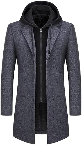 Men’s Hooded Wool Blend Winter Coat – Long Tailored Overcoat with Layered Zip-Up Front for Smart Casual Autumn and Winter Wear