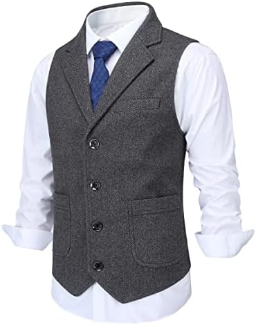Men’s Wool Tweed Waistcoat with Notched Lapels and Patch Pockets – Regular Fit Suit Vest for Smart Occasion Dressing