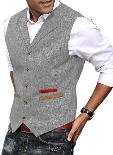 Men’s Textured Tweed Waistcoat with Notched Lapels – Vintage Button-Front Gilet for Weddings and Smart Casual Dressing