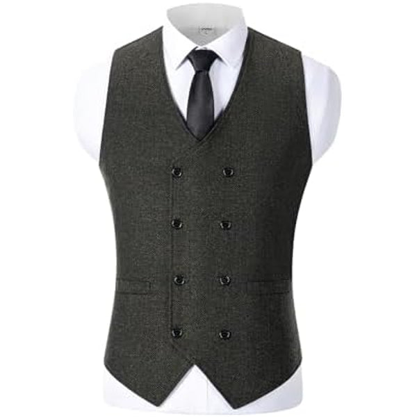 Men’s Double-Breasted Wool Tweed Waistcoat with V-Neck – Vintage Tailored Suit Vest for Weddings and Groomsmen