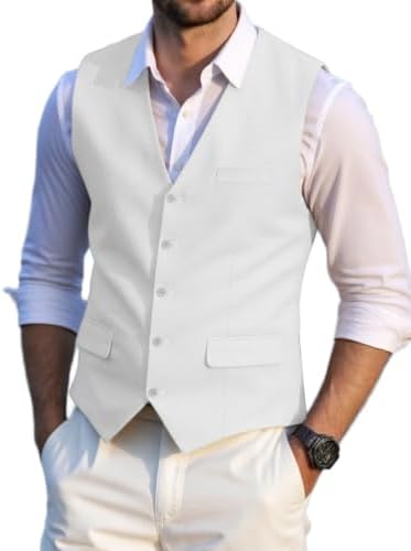 Men’s Linen Suit Waistcoat with V-Neck and Flap Pockets – Classic Button-Front Tailored Style for Summer Weddings and Special Occasions
