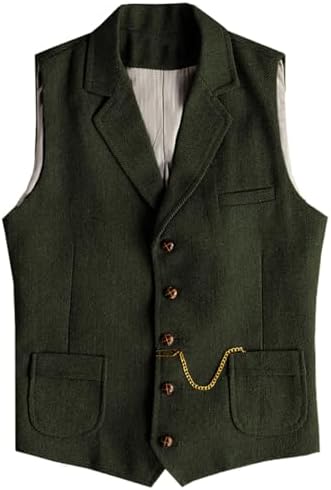 Men’s Slim Fit Wool Tweed Waistcoat with Notched Lapels and Patch Pockets for Vintage Wedding and Western Styling