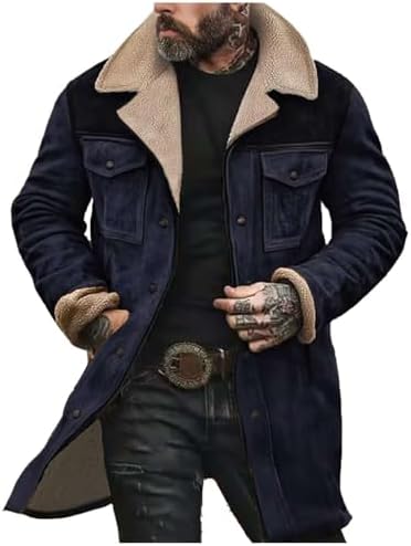 Men’s Vintage Suede Winter Coat – Long Sherpa-Lined Jacket with Faux Leather Shoulder Panels and Warm Aviator Styling