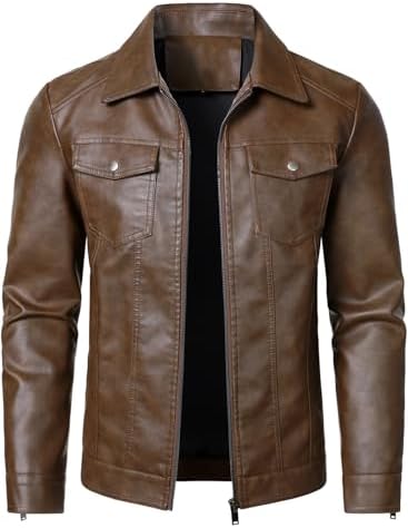 Men’s Lightweight Faux Leather Biker Jacket – Classic Zip-Up Motorcycle Style with Chest Pockets for Casual Everyday Wear