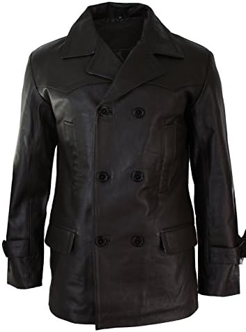 Men’s Double-Breasted Genuine Leather Peacoat – Classic 3/4-Length Lapel Winter Jacket with Tailored Structure for Business Casual Office Travel Evening Wear and Refined City Styling