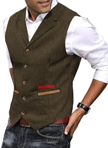Men’s Textured Tweed Waistcoat with Notched Lapels – Vintage Button-Front Gilet for Weddings and Smart Casual Dressing