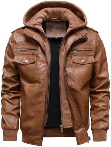 Men’s Hooded Faux-Leather Bomber Jacket – Multi-Pocket Zip-Up Motorcycle Layer with Ribbed Trims for Autumn Travel Weekend Streetwear Casual City Wear and Everyday Styling