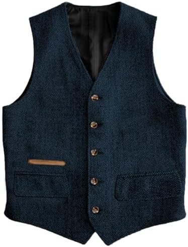 Men’s Vintage Herringbone Tweed Waistcoat – Classic V-Neck Buttoned Suit Vest with Functional Pockets for Weddings Business and Smart Casual Wear