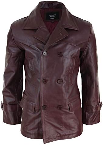 Men’s Double-Breasted Genuine Leather Peacoat – Classic 3/4-Length Lapel Winter Jacket with Tailored Structure for Business Casual Office Travel Evening Wear and Refined City Styling