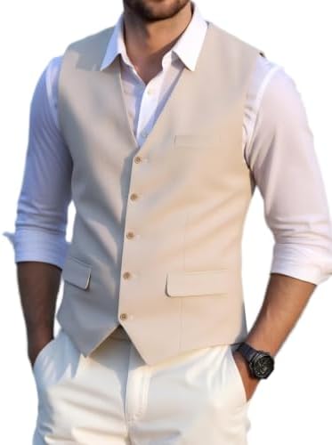 Men’s Linen Suit Waistcoat with V-Neck and Flap Pockets – Classic Button-Front Tailored Style for Summer Weddings and Special Occasions