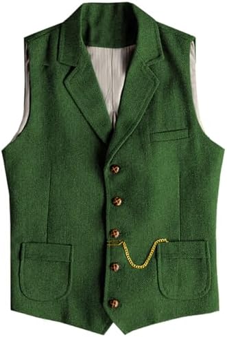 Men’s Slim Fit Wool Tweed Waistcoat with Notched Lapels and Patch Pockets for Vintage Wedding and Western Styling