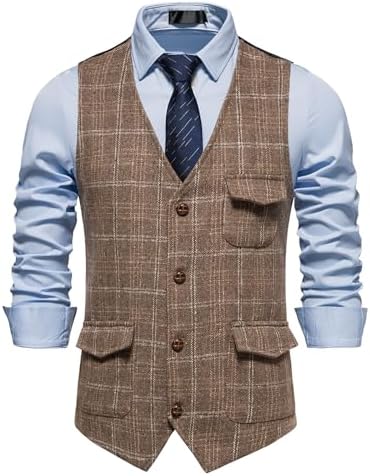Men’s Printed Tweed Waistcoat with Flap Pockets – V-Neck Buttoned Gilet for Business and Formal Occasions