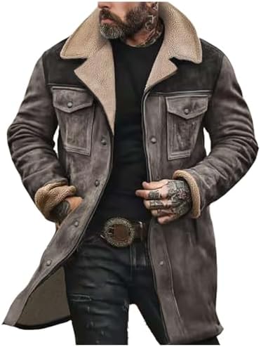 Men’s Vintage Suede Winter Coat – Long Sherpa-Lined Jacket with Faux Leather Shoulder Panels and Warm Aviator Styling