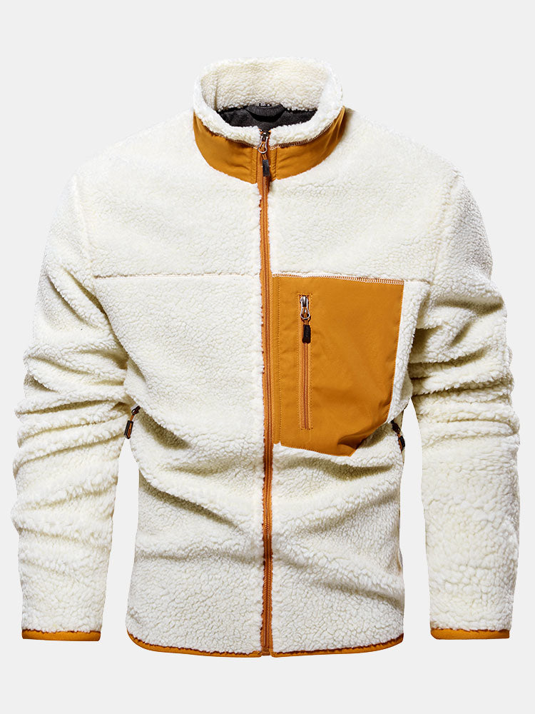 Men's Teddy Fleece Zip-Up Jacket – Warm High Collar Outdoor Layer with Zipped Pockets for Autumn and Winter