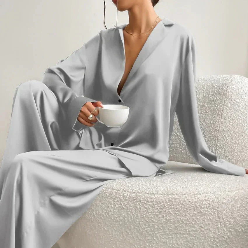 Women's Satin Pyjama Set | Button-Up Shirt & Wide Leg Trousers