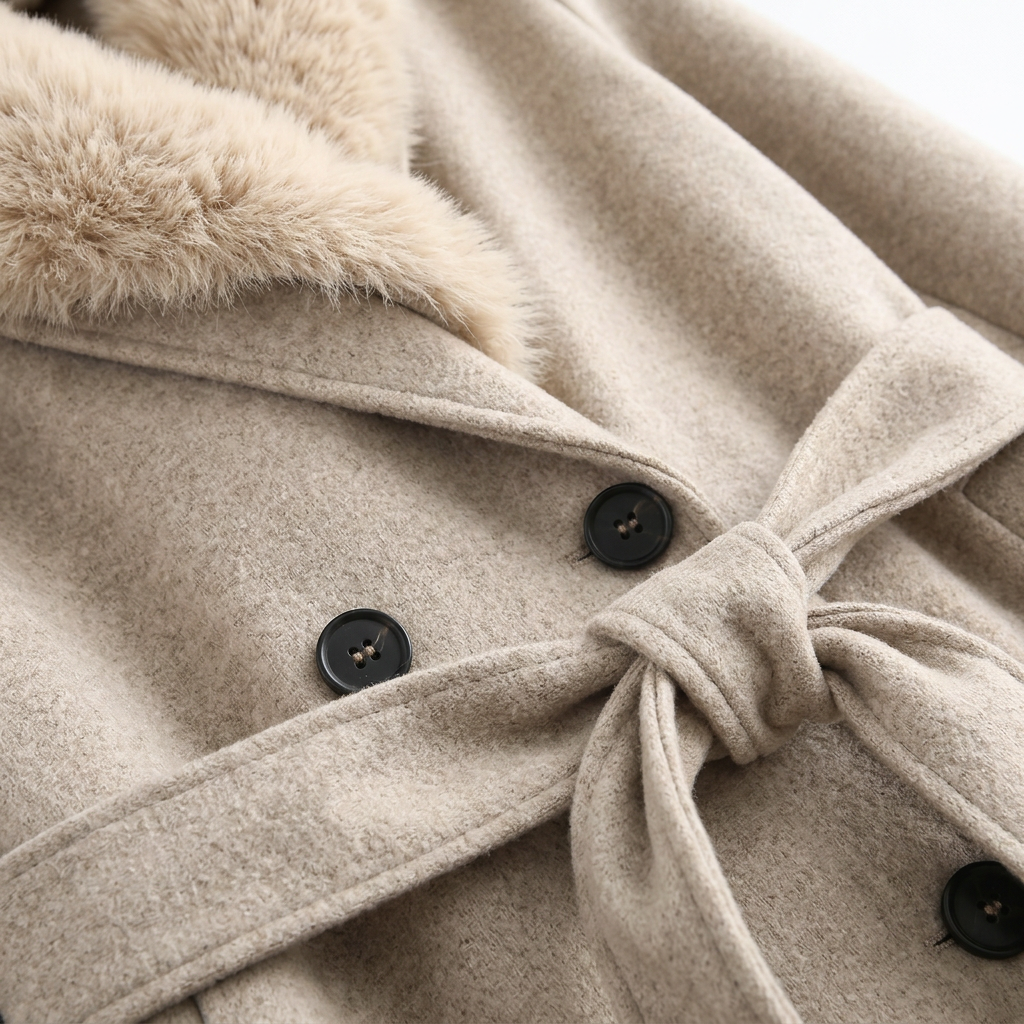 Women’s Belted Wool Blend Winter Coat with Plush Fur Collar and Double-Breasted Buttons – Elegant Longline Outerwear for Cold Weather
