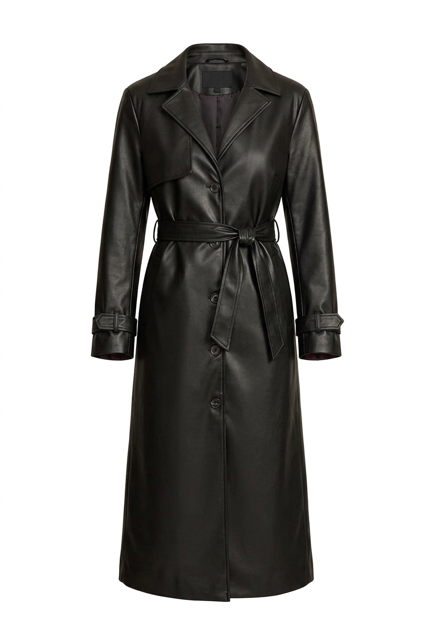 Women's Elegant Longline Faux Leather Trench Coat with Adjustable Waist Belt and Notched Lapel Collar – Tailored Button-Front Overcoat with Long Sleeves for Sophisticated Office Wear and Smart Casual Spring and Autumn Outfits