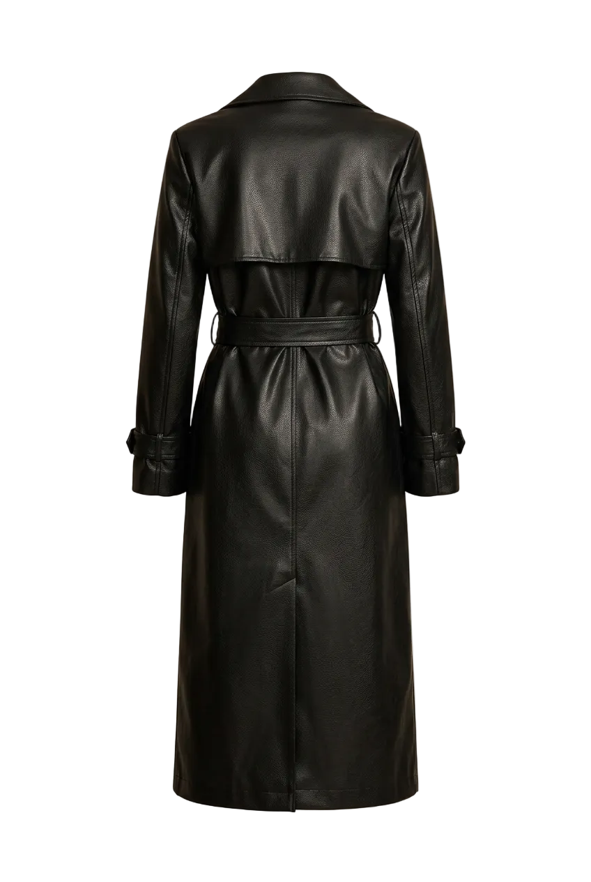 Women's Elegant Longline Faux Leather Trench Coat with Adjustable Waist Belt and Notched Lapel Collar – Tailored Button-Front Overcoat with Long Sleeves for Sophisticated Office Wear and Smart Casual Spring and Autumn Outfits
