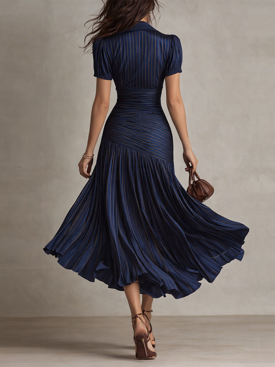 Adriana - Short Sleeve Pleated Retro Striped Satin Midi Dress