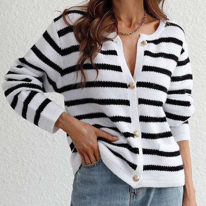 Women's Striped Knitted Button Front Cardigan – Relaxed Long Sleeve Round Neck Cardigan with Decorative Gold Buttons for Autumn and Winter Layering