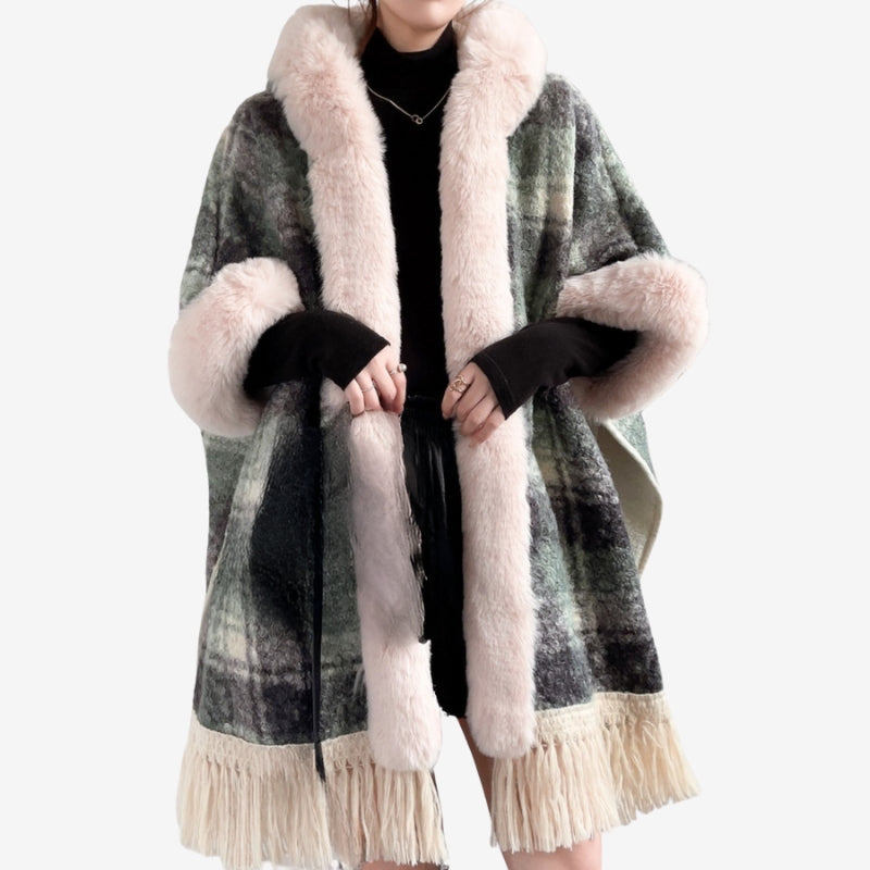 Women’s Open Front Cape Coat with Plush Faux Fur Trim and Fringed Hem – Elegant Relaxed Winter Outerwear