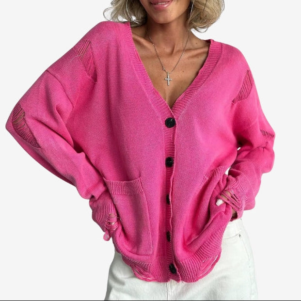 Women's Vintage Washed Distressed Knitted Cardigan with Pockets – Relaxed Long Sleeve V Neck Button Front Cardigan for Casual Autumn and Spring Layering