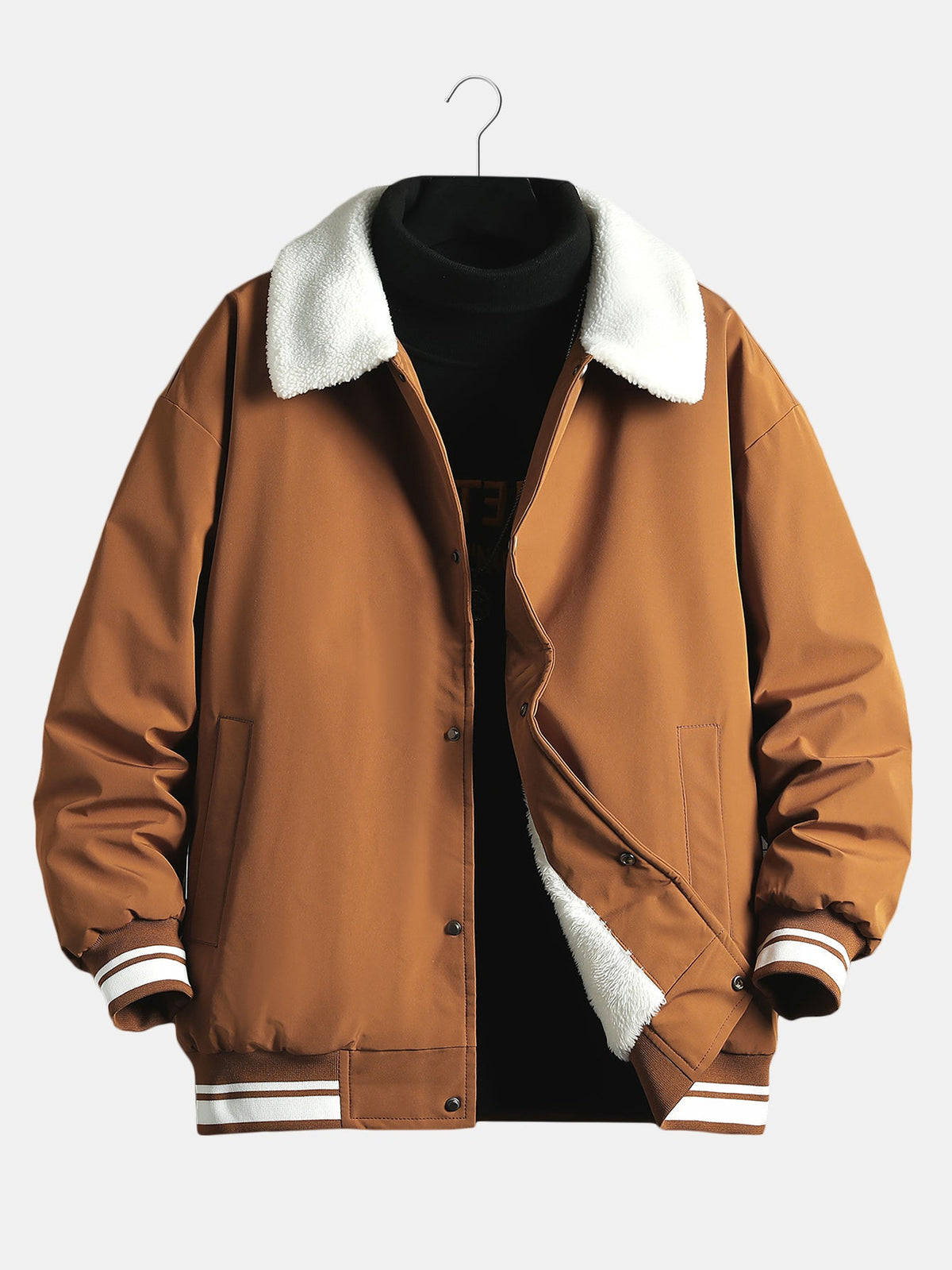 Men's Teddy-Lined Baseball Bomber Jacket – Warm Sherpa Collar Outerwear with Snap-Button Fastening and Striped Ribbed Trims for Autumn and Winter