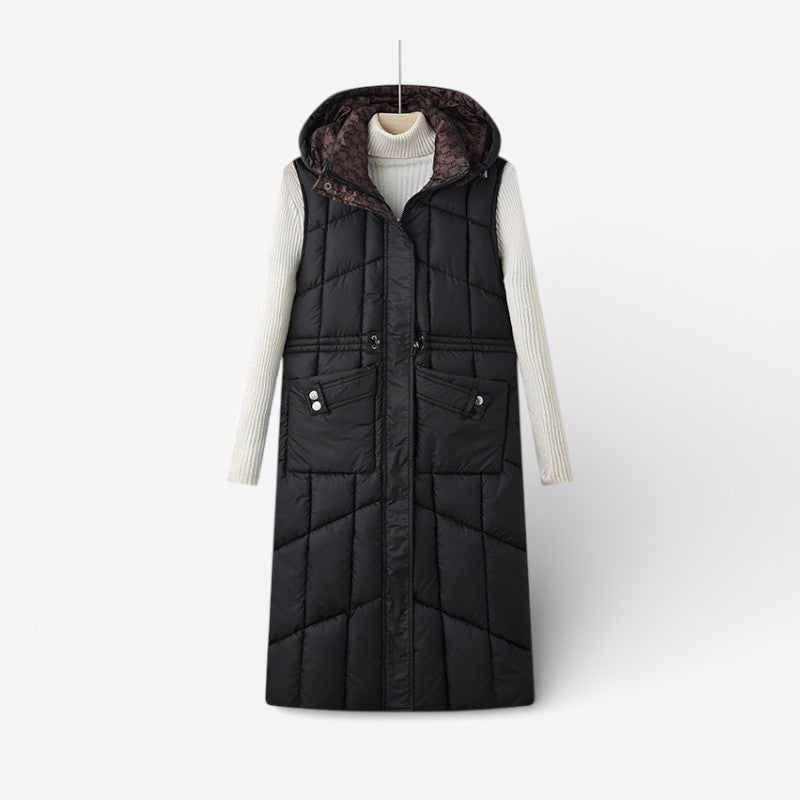 Women’s Longline Reversible Quilted Gilet with Hood and Adjustable Waist – Warm Sleeveless Padded Bodywarmer for Autumn and Winter