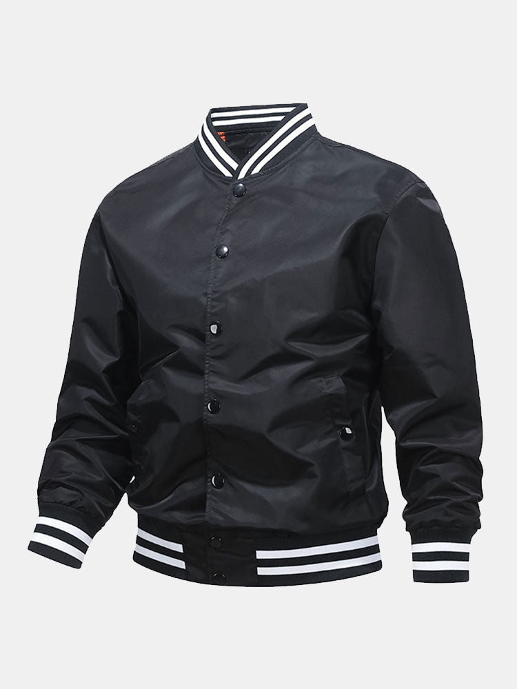 Men's Classic Baseball Bomber Jacket – Snap-Button Varsity Style Outerwear with Striped Ribbed Trims for Casual Spring and Autumn Wear
