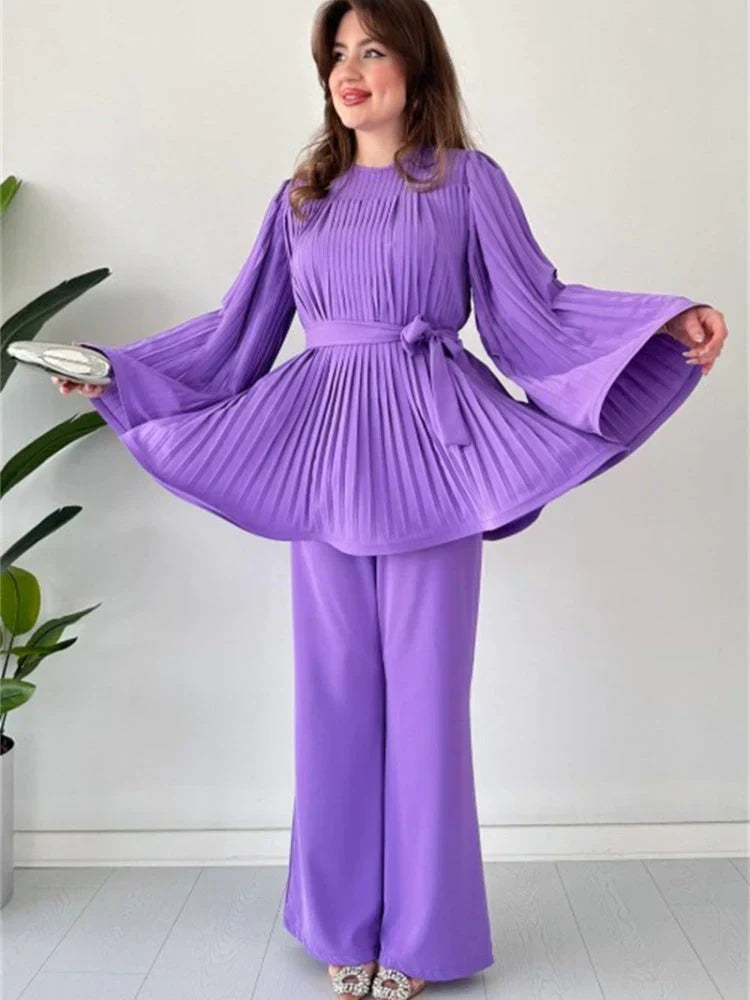 Women’s Pleated Belted Top and Wide-Leg Trouser Set – Elegant Two-Piece Outfit with Flowing Bell Sleeves for Work and Special Occasions