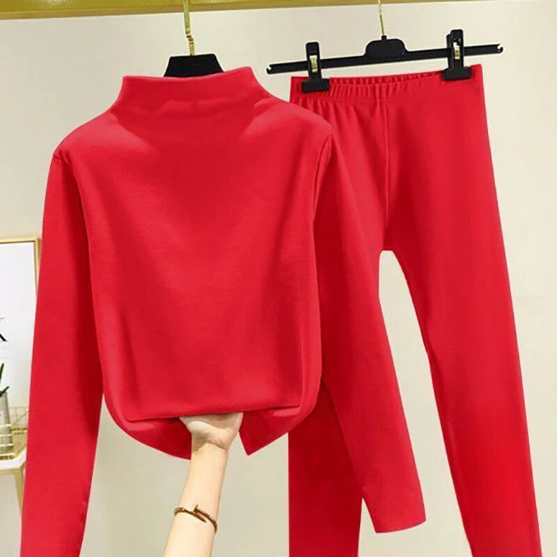 Women's Fleece High-Neck Top and Trousers Set – Soft Relaxed Two-Piece Outfit for Autumn and Winter