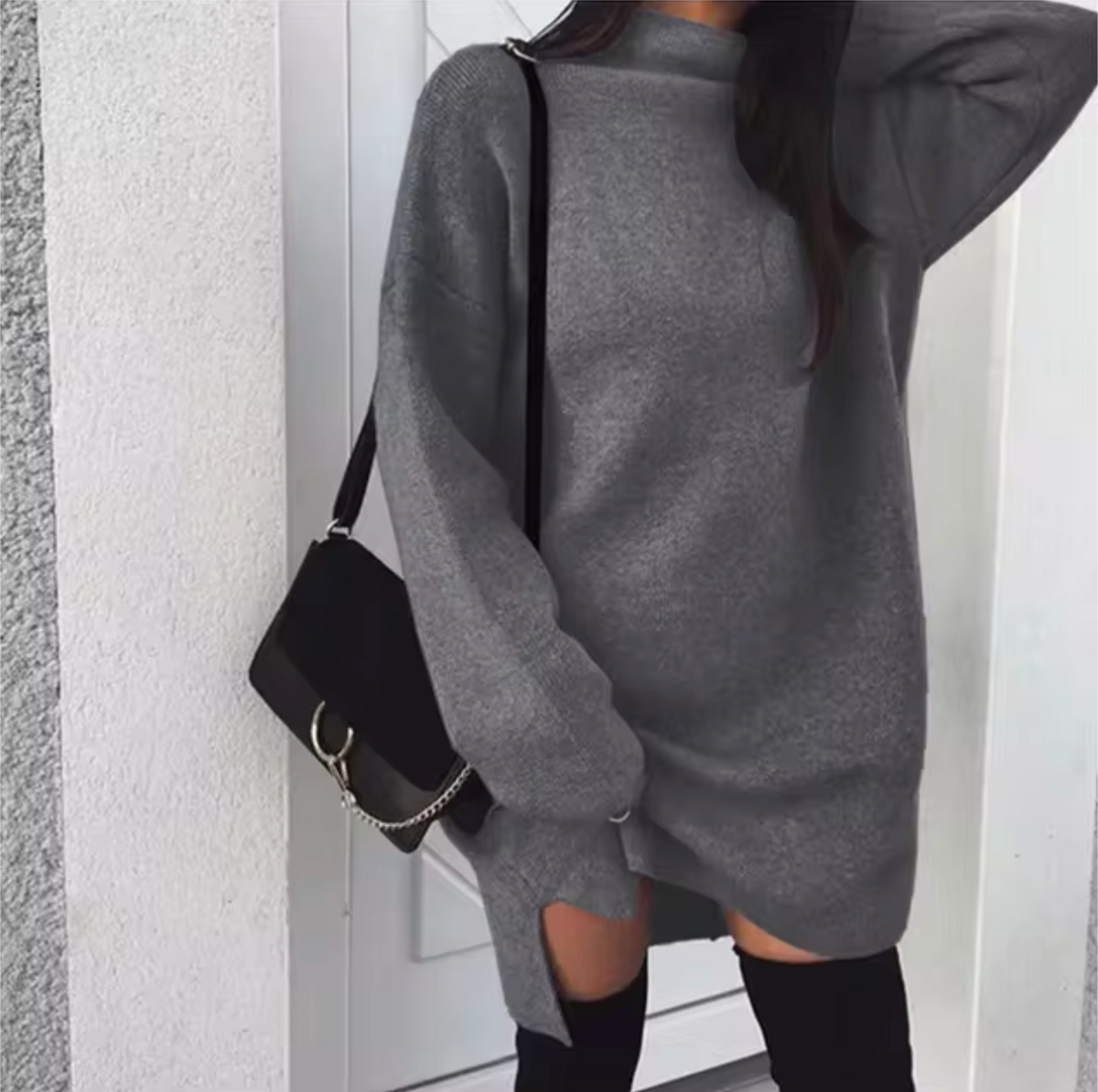Women’s Wool and Cashmere Sweater Dress with High Neck and Side Splits – Oversized Knitted Mini Style for Cosy Autumn and Winter Dressing