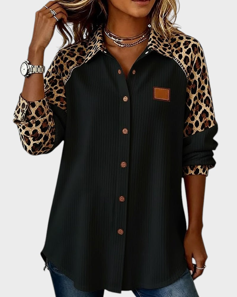 Women's Casual Ribbed Button-Up Shirt with Printed Sleeves and Collar – Relaxed Long Sleeve Top for Autumn and Everyday Wear