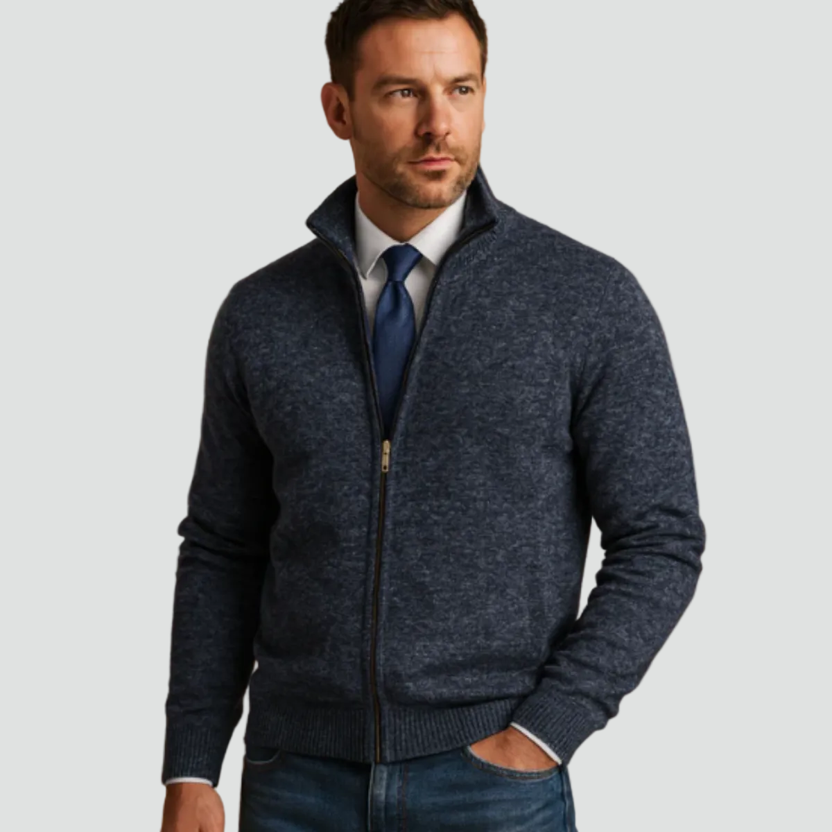 Men's Knitted Zip Cardigan with Stand Collar