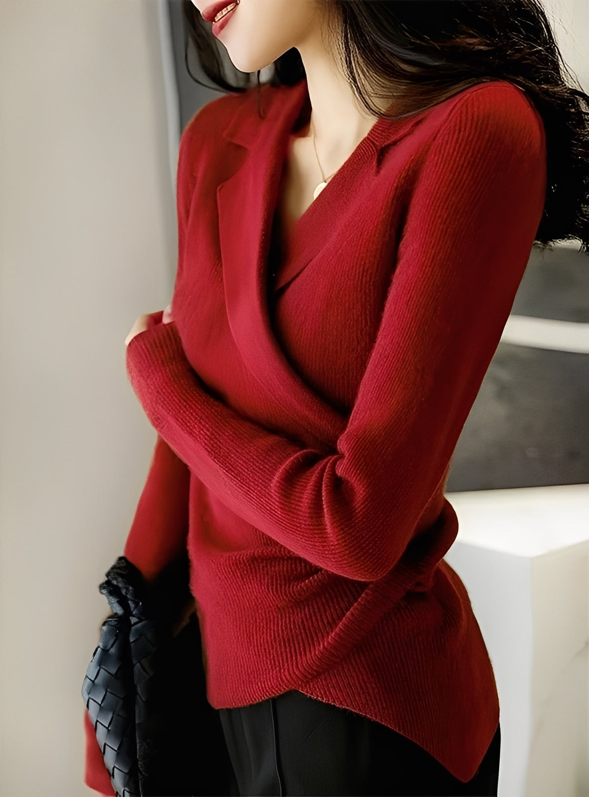 Women's Elegant Ribbed Wrap Knit Sweater – Collared V-Neck Long Sleeve Top with Asymmetric Hem for Smart Casual Wear