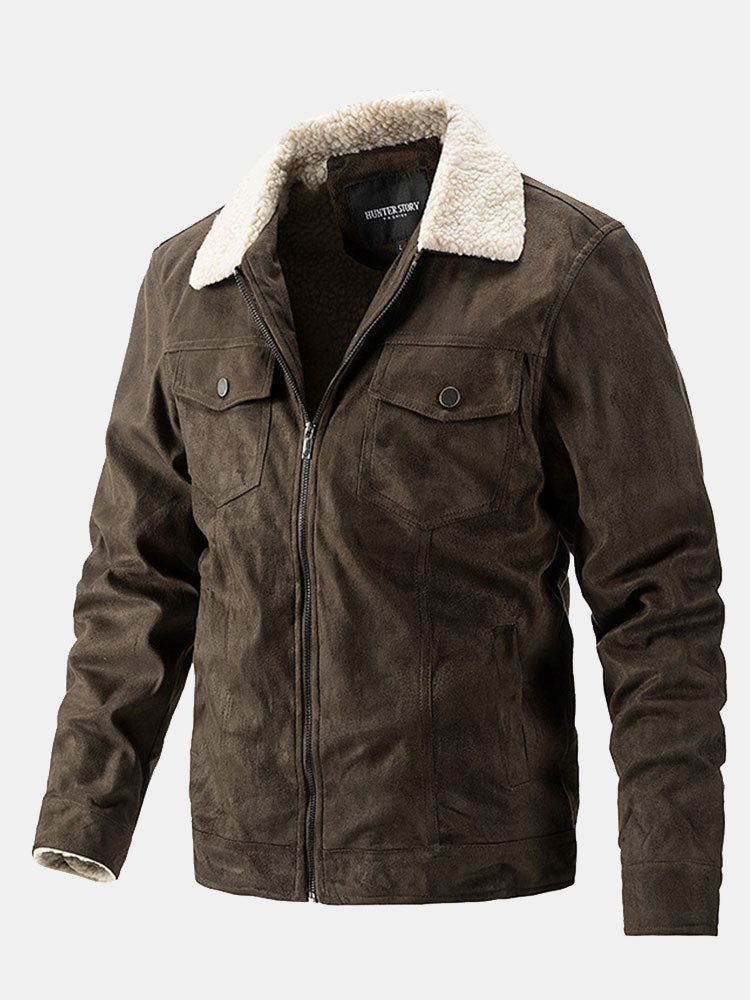 Men's Teddy-Lined Faux Suede Jacket – Warm Winter Zip-Up Outerwear with Sherpa Collar and Utility Chest Pockets