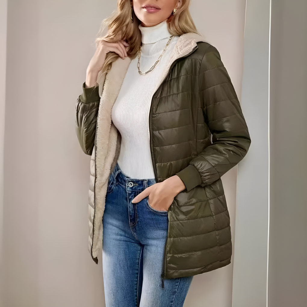 Women's Hooded Quilted Puffer Coat with Fleece Lining