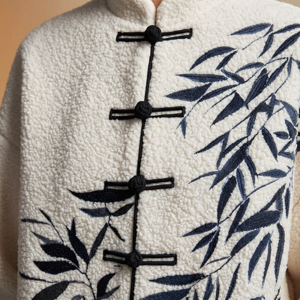 Women’s Textured Printed Cardigan with Mandarin Collar and Frog Fastenings – Relaxed Long Sleeve Layer for Autumn and Winter