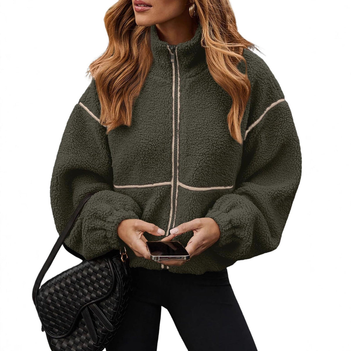 Women’s Plush Teddy Fleece Zip-Up Jacket with High Stand Collar and Contrast Piping – Cosy Relaxed Winter Outerwear for Everyday Wear