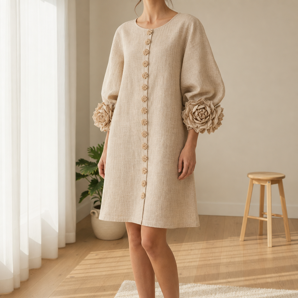 Marvao Rosette Cuff Linen Dress