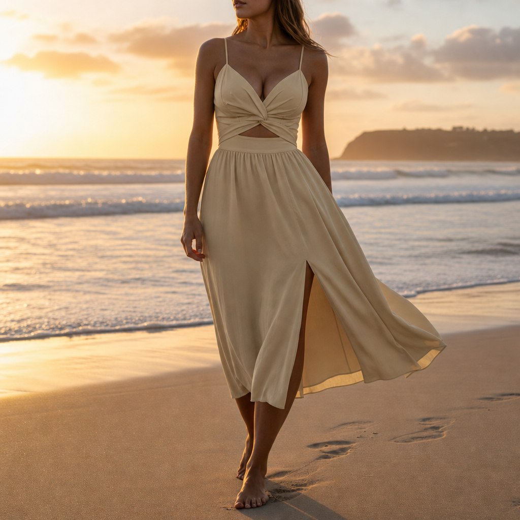 Antiparos Cut-Out Slit Midi Dress