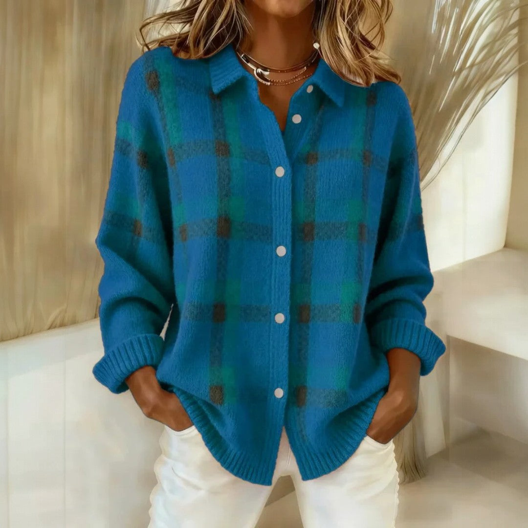 Women's Soft Plaid Knitted Cardigan with Button Front – Relaxed Long Sleeve Collared Cardigan with Ribbed Cuffs for Autumn and Winter Layering