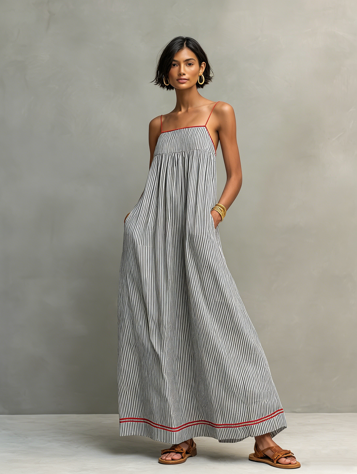Women's Minimalist Sleeveless Backless Striped Maxi Dress With Red Trim And Spaghetti Straps