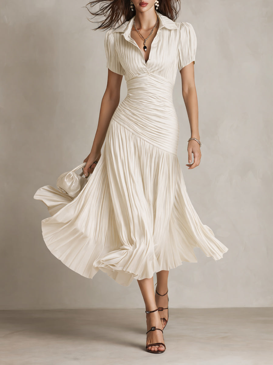Adriana - Short Sleeve Pleated Retro Striped Satin Midi Dress